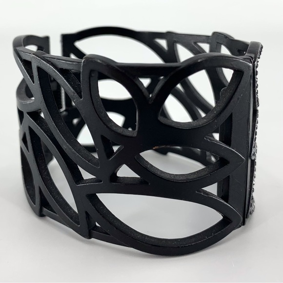 Black Rhinestone Encrusted Hollow Leaf Patterned Hinged Cuff Bracelet - Picture 7 of 14